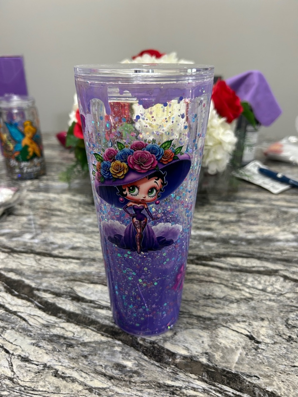 Betty Boop Violet Floral Hat Glitter Tumbler